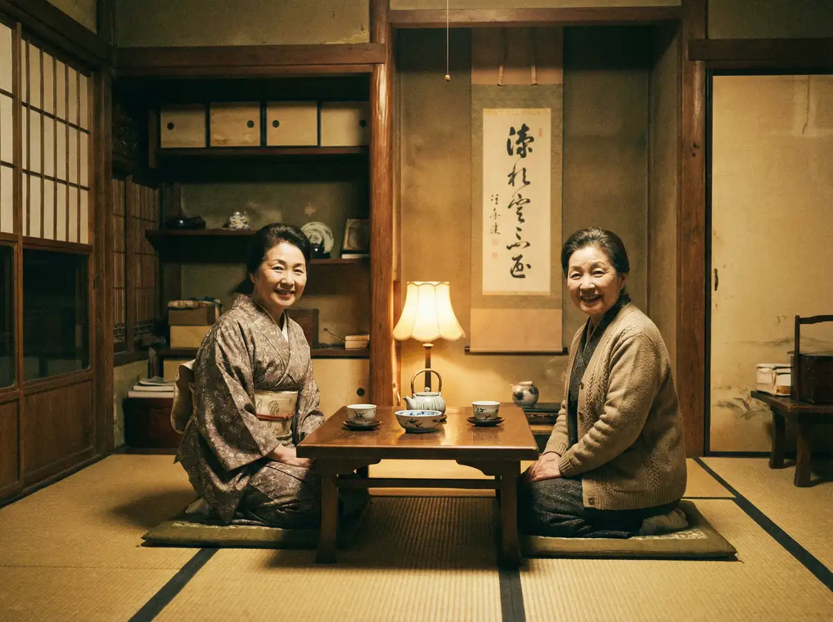 两位优雅的 日韩伦理在线 在日式茶室中品茶交谈